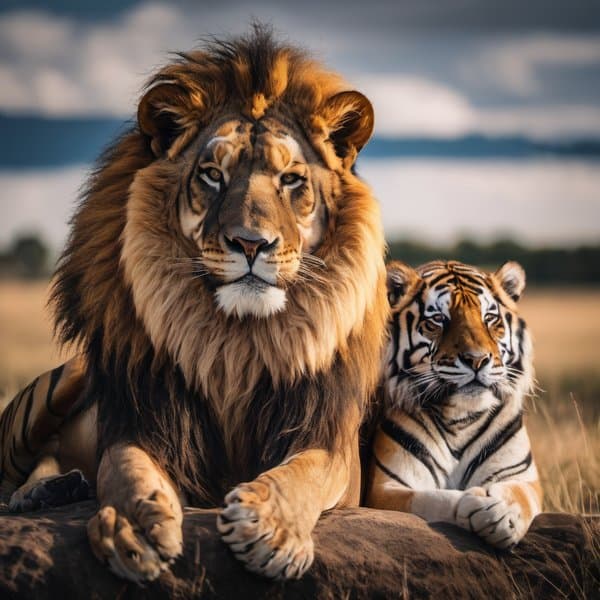 A lion and tiger together in a surreal landscape.